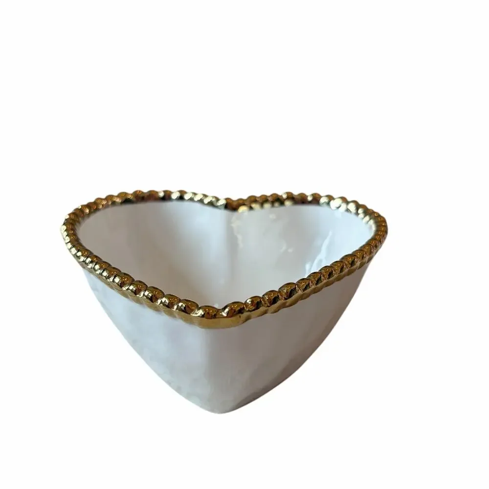 White Heart Shaped Serving Bowl 6in Ceramic w/ Gold Beaded Rim NEW